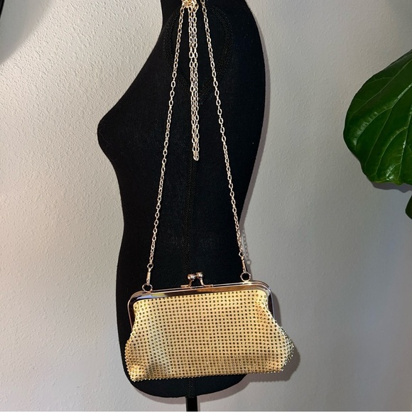 Gold Rhinestone Kiss Closure Bag Purse Shoulder Evening Bag Gold Tone Hardware - Picture 15 of 16